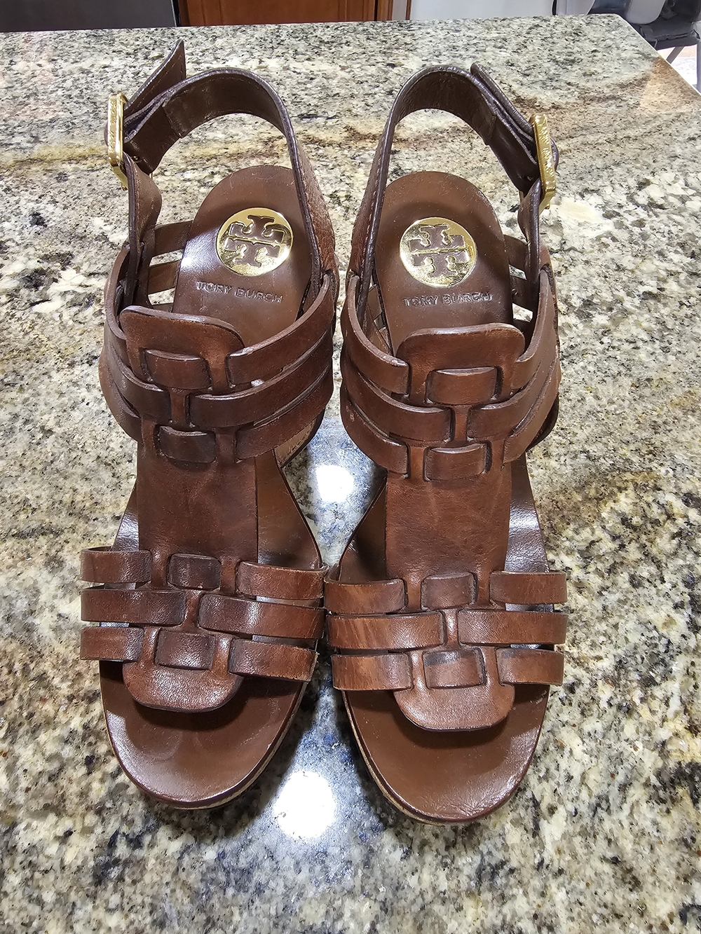 Tory Burch Women's Daisy Brown Leather Strappy Wedge Sandals 5" Heels 7M Brazil